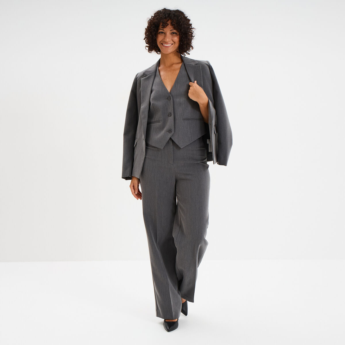 Veste blazer droite manches longues gris fonc&eacute; femme