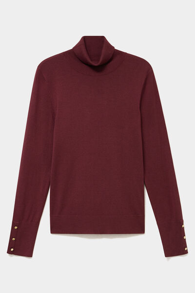 Pull col roul&eacute; avec boutons poignets violet fonc&eacute; femme