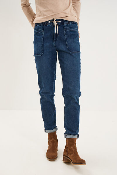 Jeans droit cropped taille &eacute;lastiqu&eacute;e bleu femme