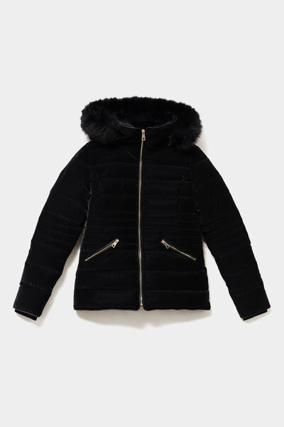 Doudoune courte capuche fausse fourrure noir femme