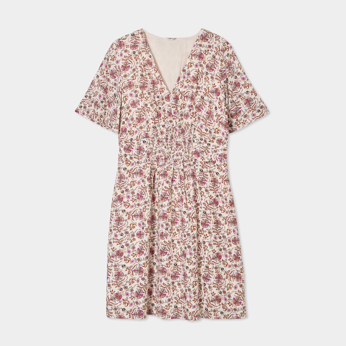 Robe courte col en V taille smock&eacute;e blanc femme