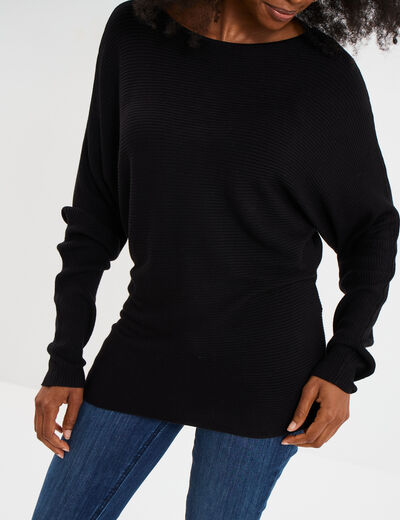 Pull col bateau manches longues noir femme