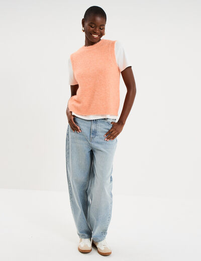 Pull sans manches col rond rose corail femme