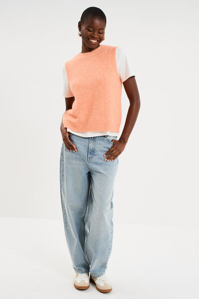 Pull sans manches col rond rose corail femme