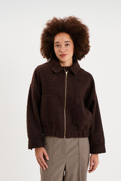 Veste bouclette oversize col tailleur marron fonc&eacute; femme