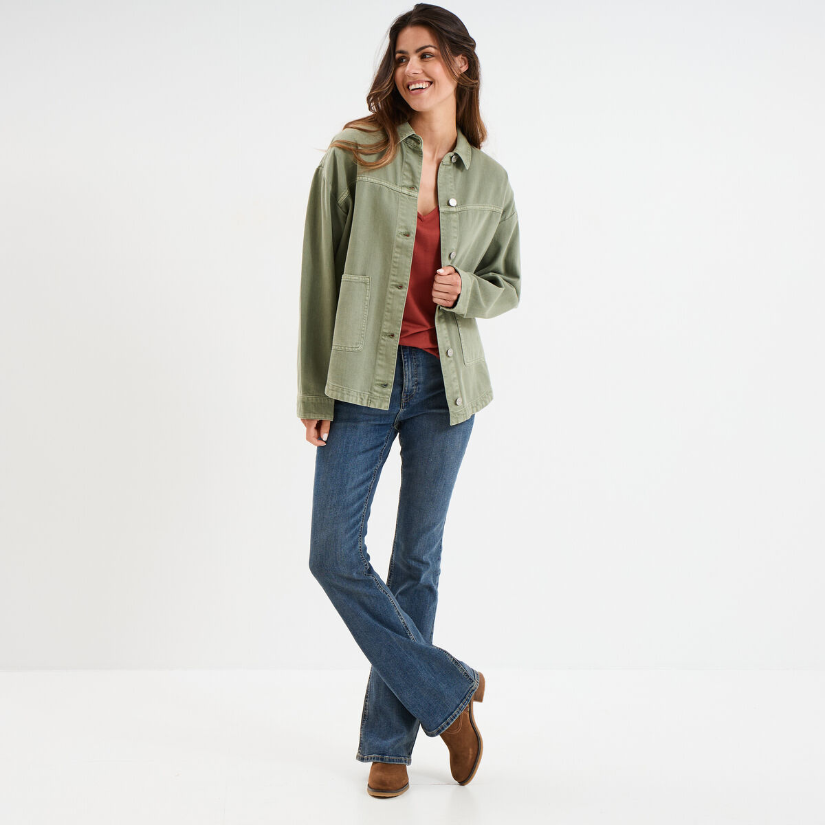 Veste surchemise oversize en jean coton vert kaki femme