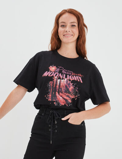 T-shirt à strass manches courtes Liberto noir femme