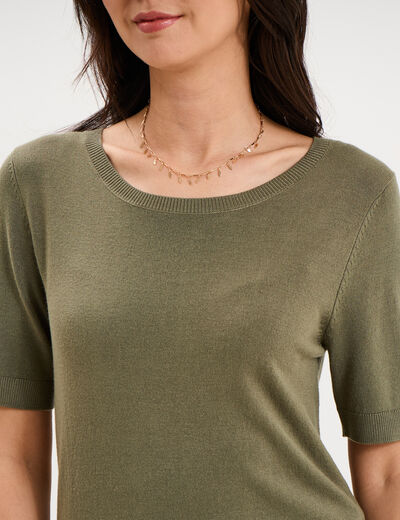 Pull manches courtes col rond vert kaki femme