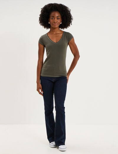 T-shirt col V ajust&eacute; manches courtes vert kaki femme
