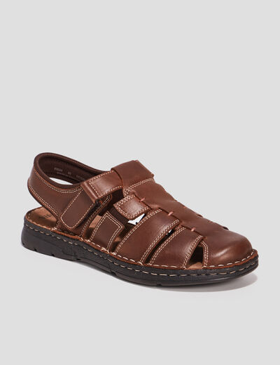 Sandales à scratch en cuir marron homme