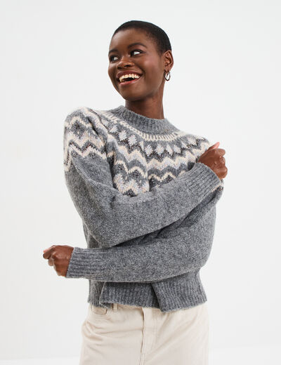 Pull col rond jacquard manches longues gris clair femme