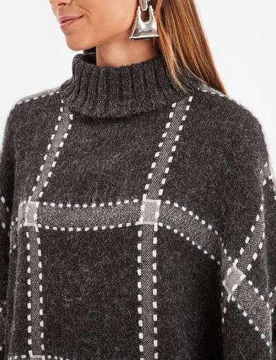 Poncho à col roulé bords à franges fines gris foncé femme