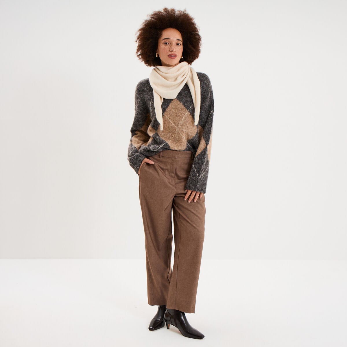 Pull col rond oversize en maille laine gris moyen femme