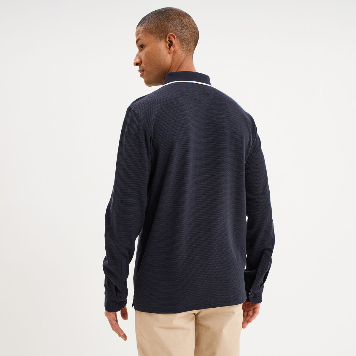 Polo piqu&eacute; droit manches longues coton bleu fonc&eacute; homme