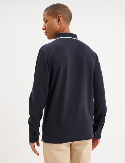 Polo piqu&eacute; droit manches longues coton bleu fonc&eacute; homme