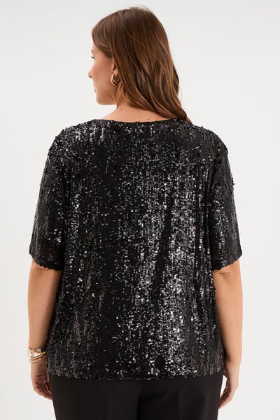 T-shirt sequins manches courtes loose noir femme grande taille
