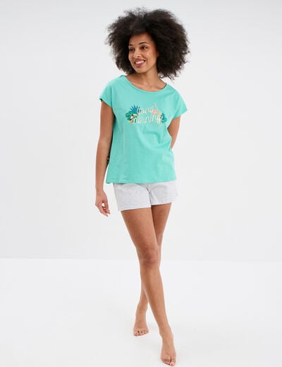 Ensemble pyjama short 2 pièces coton bleu turquoise femme