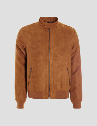 Blouson col biker en su&eacute;dine zipp&eacute; camel homme