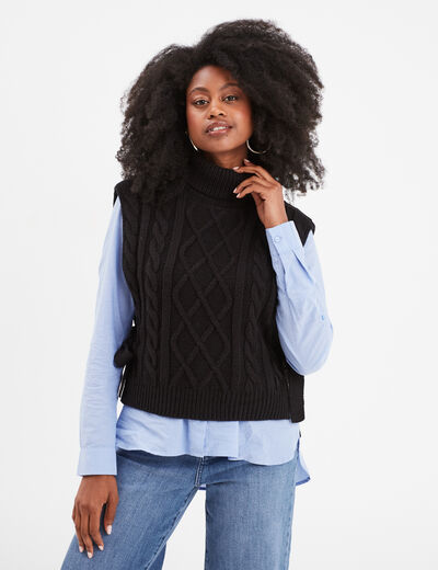 Pull poncho col roul&eacute; sans manches noir femme