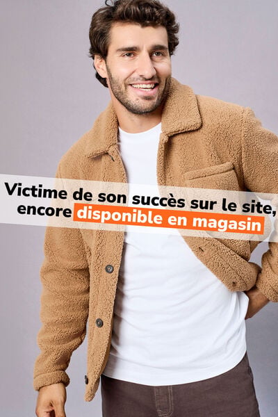 Veste sherpa polaire boutonn&eacute;e marron homme