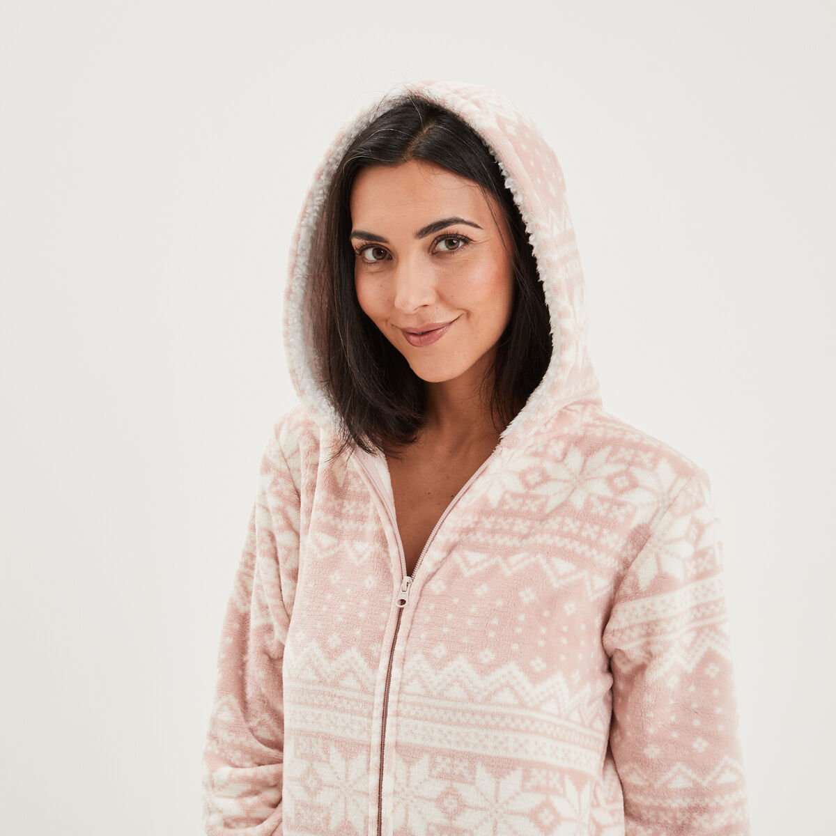 Combinaison pyjama pilou à capuche rose femme