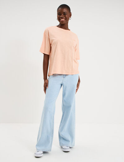 T-shirt col rond manches courtes coton orange corail femme