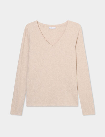 T-shirt col en V manches longues coton beige femme