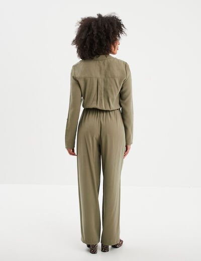Combinaison pantalon col à revers vert kaki femme