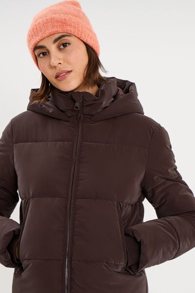 Doudoune courte imperm&eacute;able &agrave; capuche marron fonc&eacute; femme