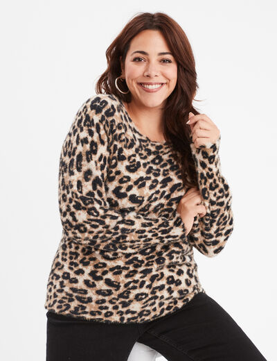Pull manches longues col rond beige femme grande taille