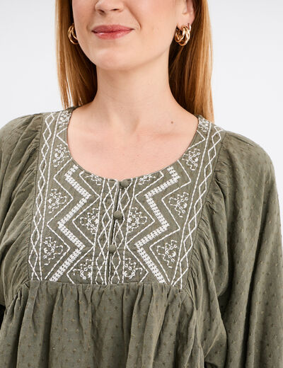 Blouse brodée manches ballons vert kaki femme