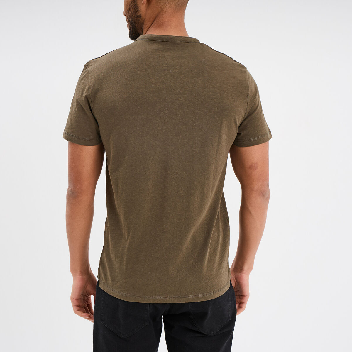 T-shirt col tunisien manches courtes vert kaki homme