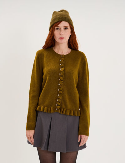 Gilet col rond &agrave; volants boutonn&eacute; vert olive femme