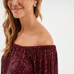 T-shirt sequins et col bardot rouge fonc&eacute; femme