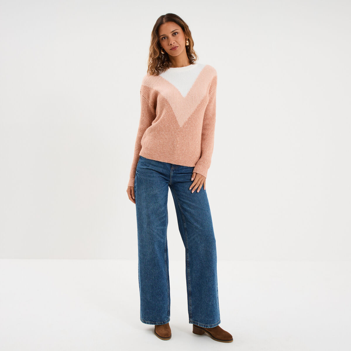Pull manches longues col rond rose clair femme