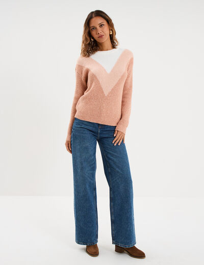 Pull manches longues col rond rose clair femme