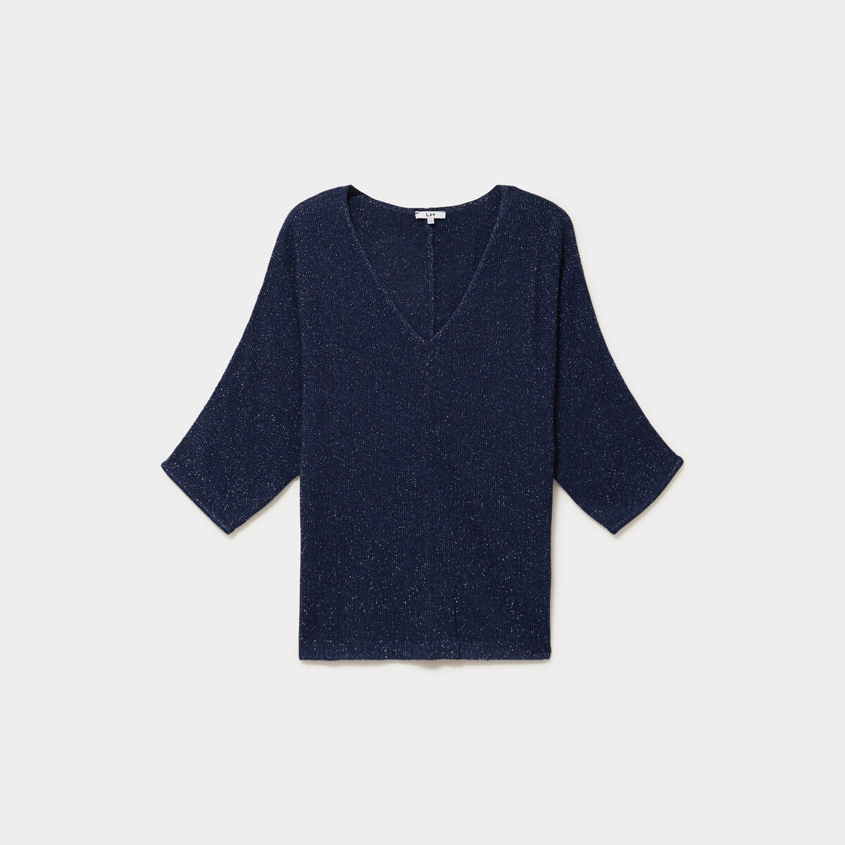 Pull manches 3/4 col en V bleu fonc&eacute; femme grande taille