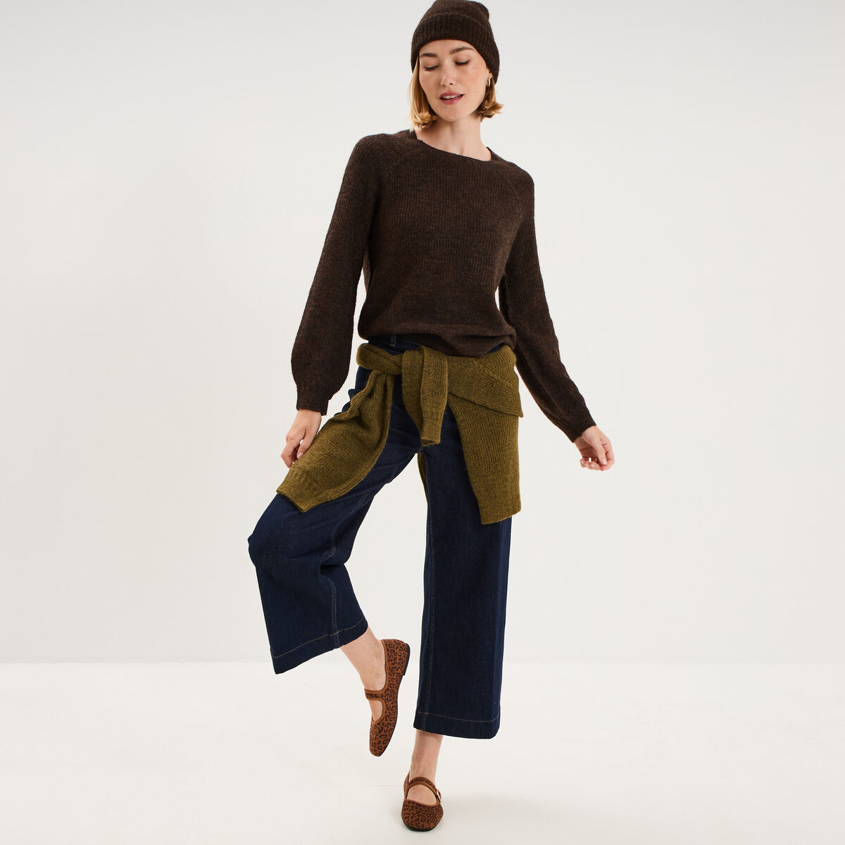 Pull col rond manches longues marron fonc&eacute; femme