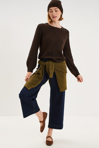 Pull col rond manches longues marron fonc&eacute; femme