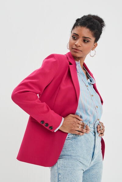 Veste droite boutonnée manches longues rose framboise femme