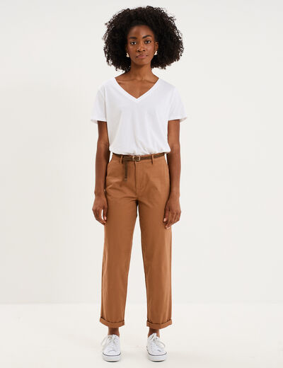 Pantalon chino regular ceinture tress&eacute;e marron clair femme
