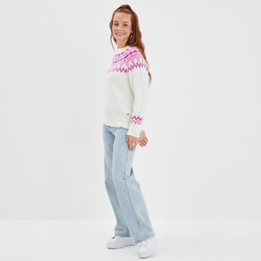 Pull jacquard col rond Creeks blanc femme