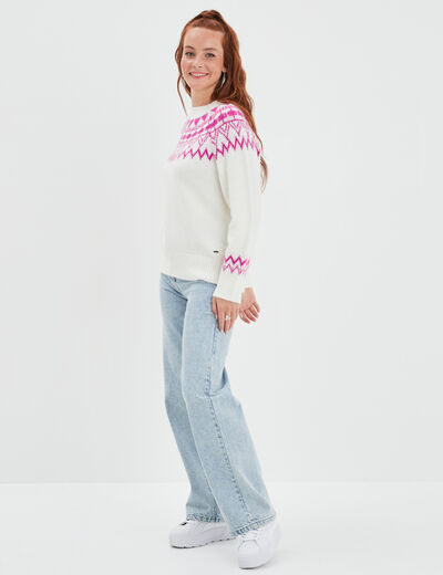 Pull jacquard col rond Creeks blanc femme