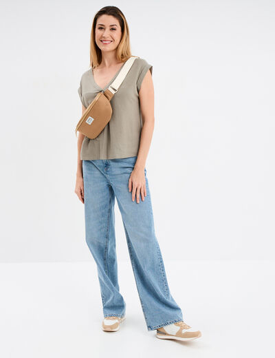 Blouse col V manches courtes lin mélangé vert kaki femme