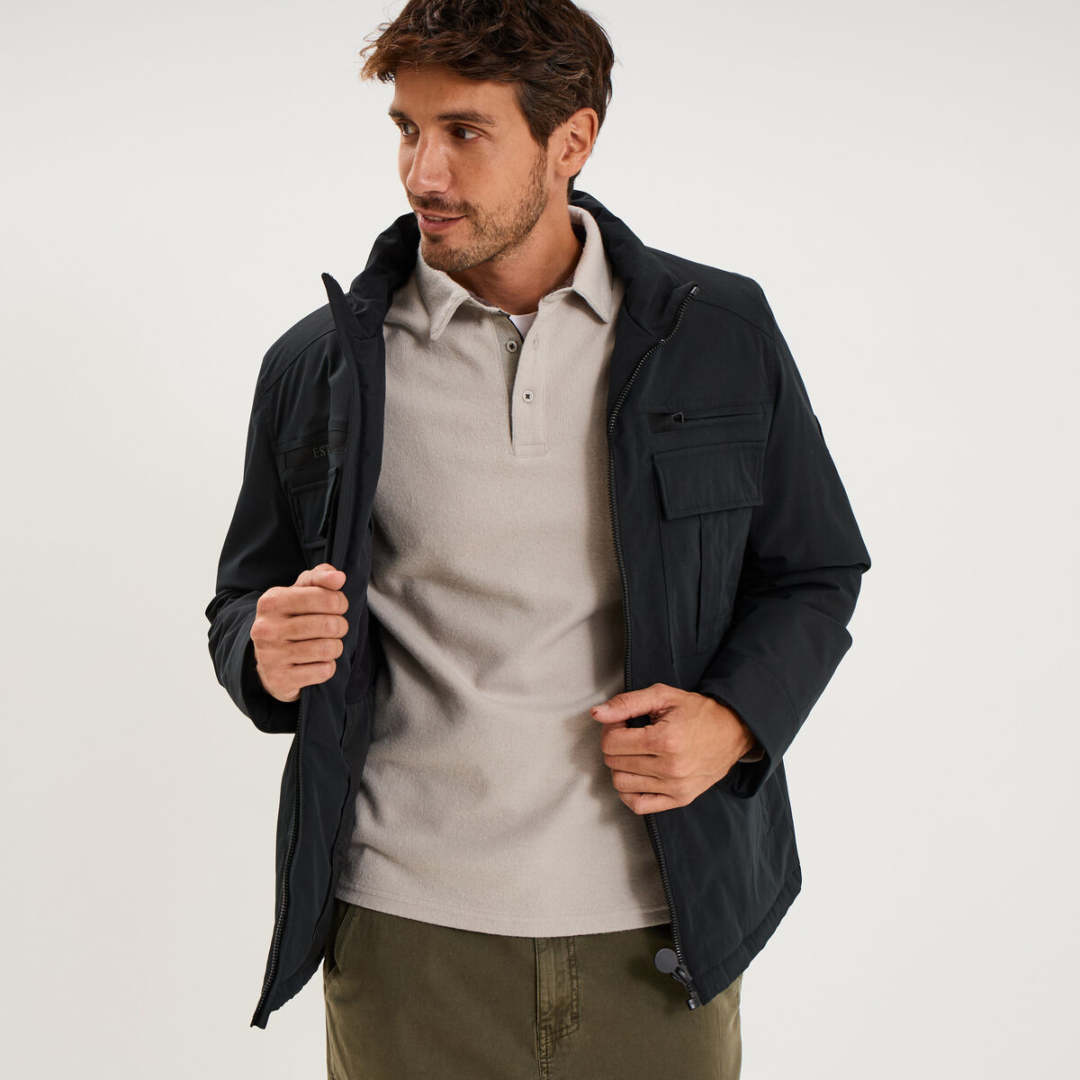 Parka courte d&eacute;perlante &agrave; capuche noir homme