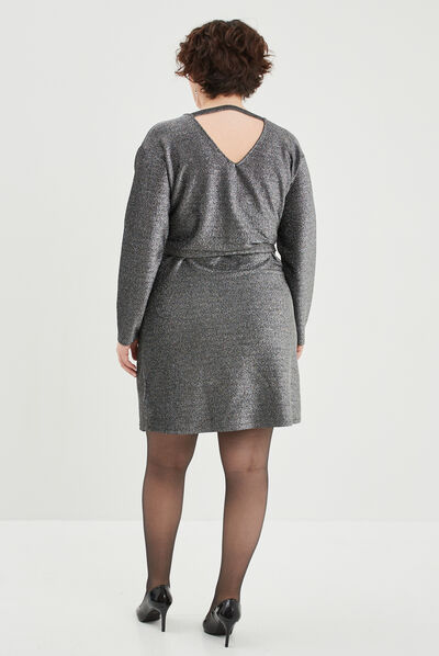 Robe bijou manches 3/4 chauves-souris gris argent femme grande taille