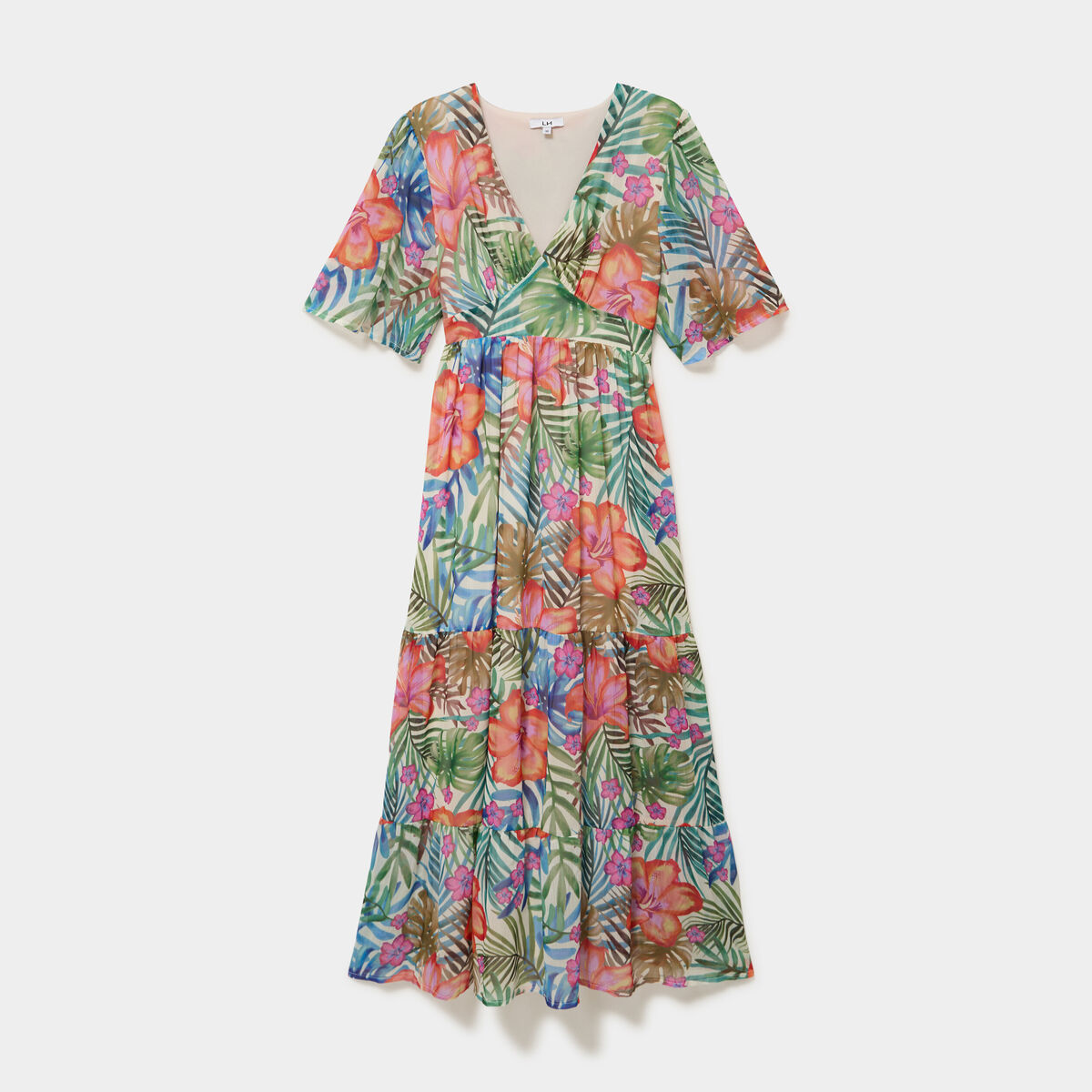 Robe longue bas volants col en V multicolore femme