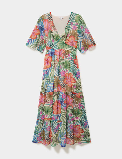 Robe longue bas volants col en V multicolore femme