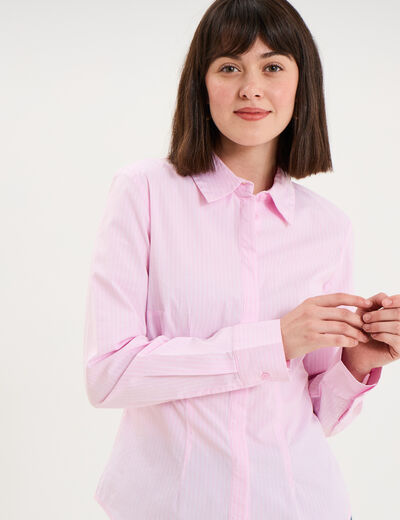 Chemise cintr&eacute;e stretch manches longues rose femme