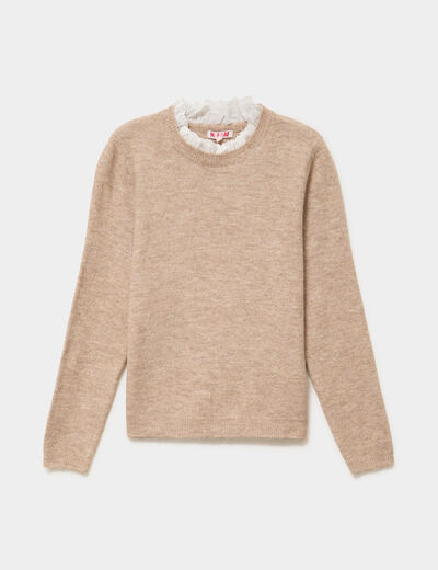 Pull 2 en 1 col rond broderie anglaise beige femme